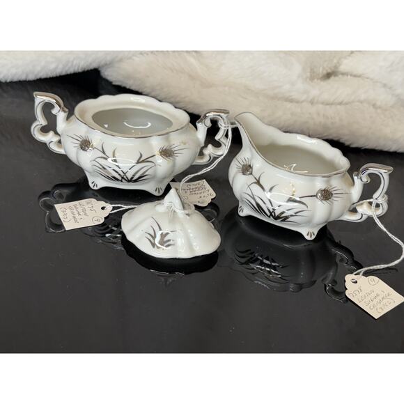 Lefton China Sugar And Creamer White And Silver Hand Painted 225 - Picture 6 of 14
